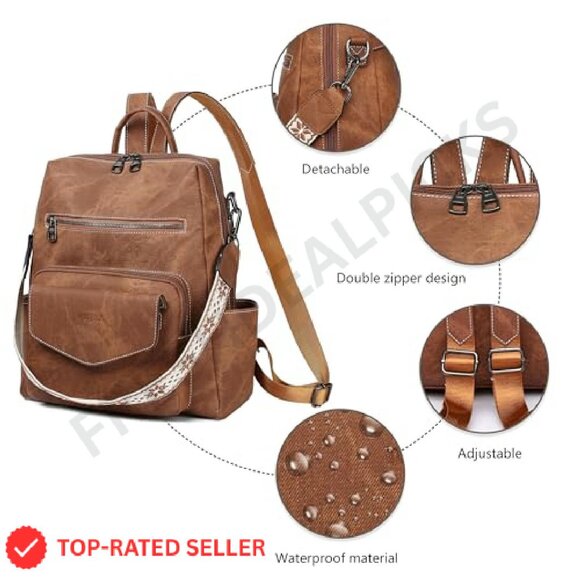 Leather Backpack Purse Convertible Shoulder Bag Chic Minimal Travel Daypack - Picture 6 of 8